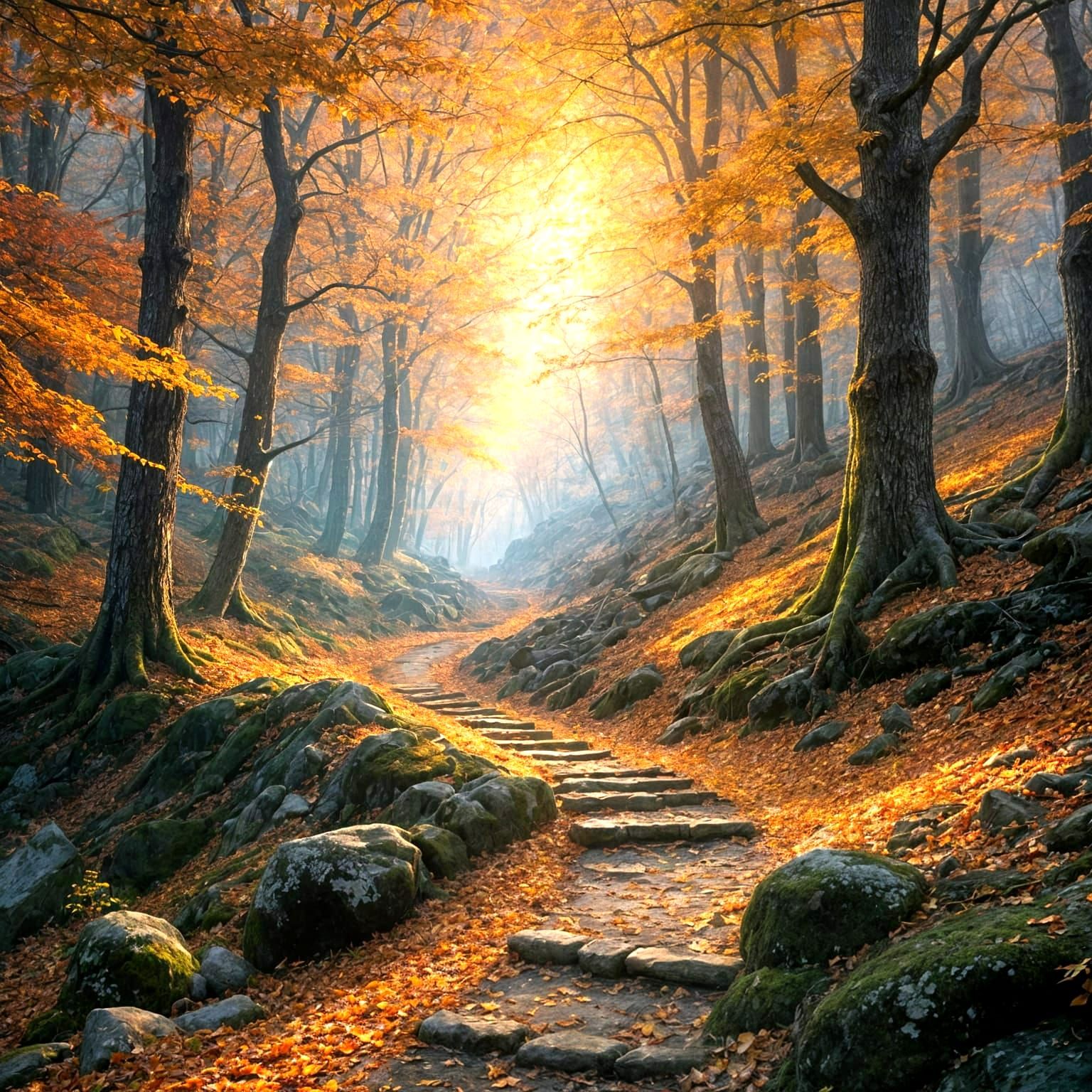 Autumn Sunset: Ethereal Forest Path to Heaven