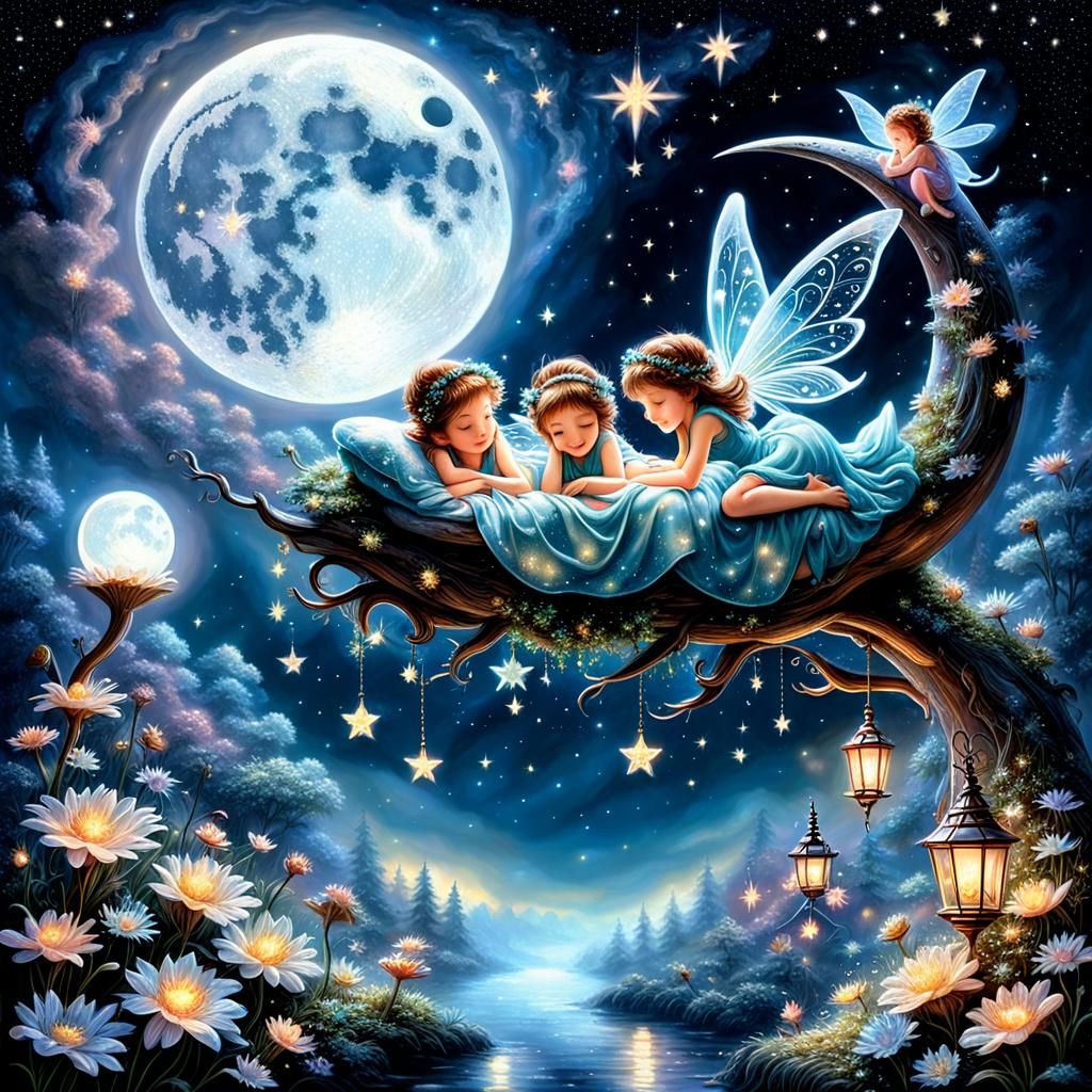 Fairies Sleeping on Bioluminescent Moon in Galaxy