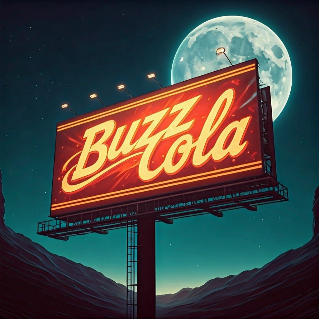 Retro-Futuristic Buzz Cola Billboard in Dreamlike Night Sky