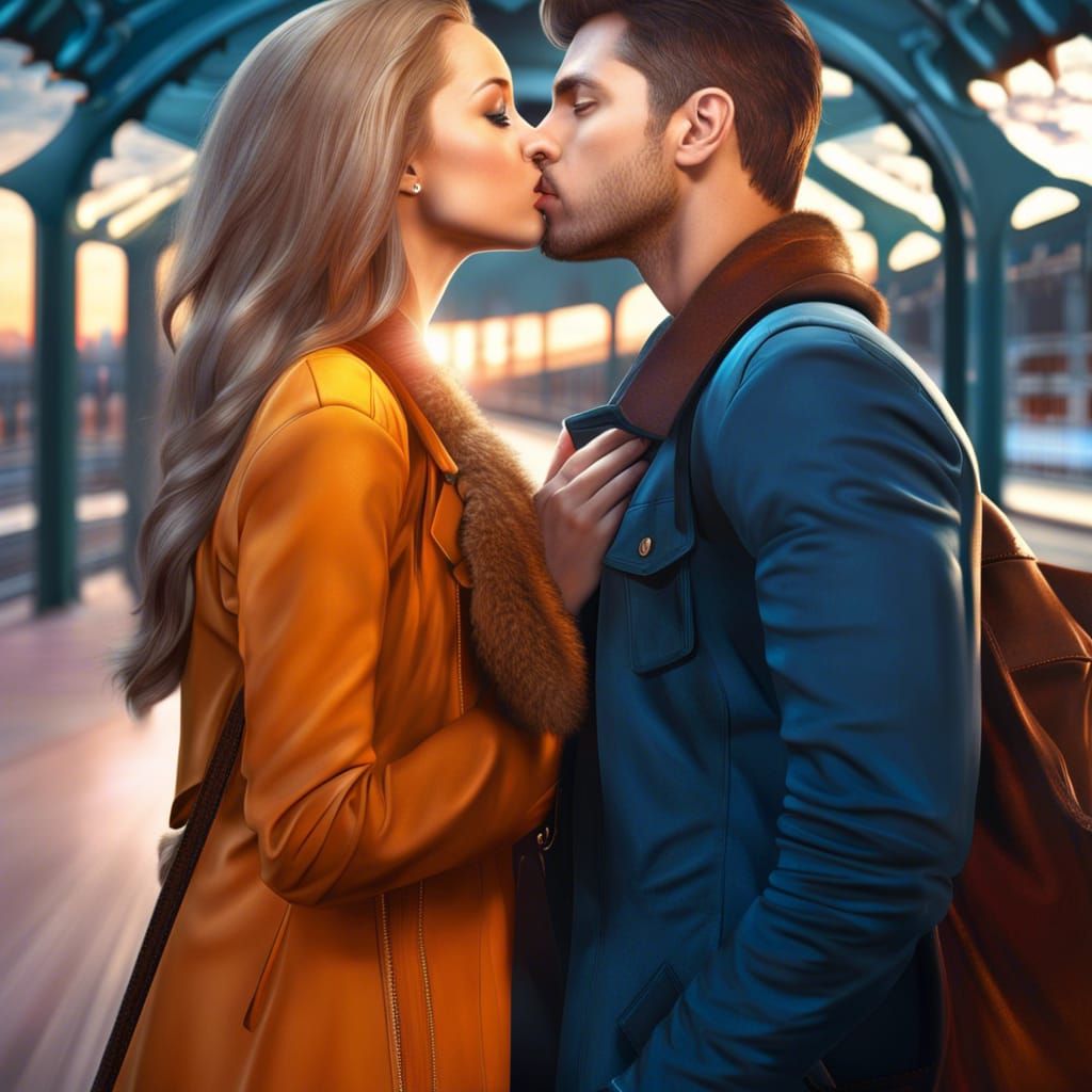 Passionate Kiss at Sunset: Cinematic Train Station Scene
