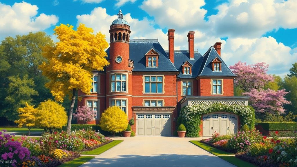 Elegant Brick Chateau with Vibrant Garden