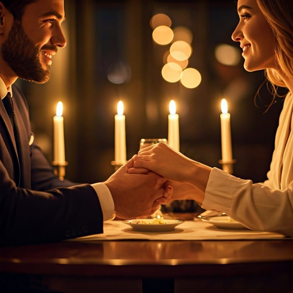 Romantic Couple in Soft Focus, Candlelit Restaurant Ambiance