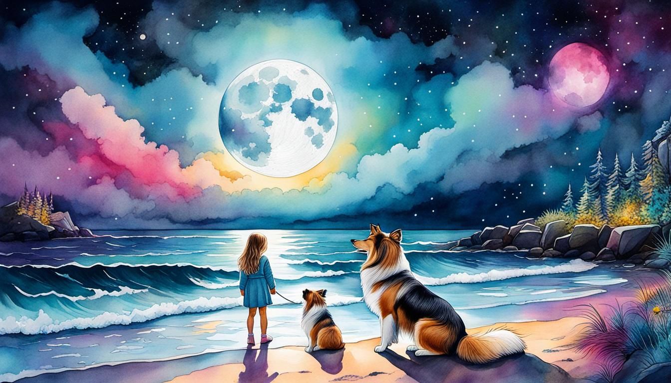 Girl and Sheltie Dog on Shore Under Moonlight