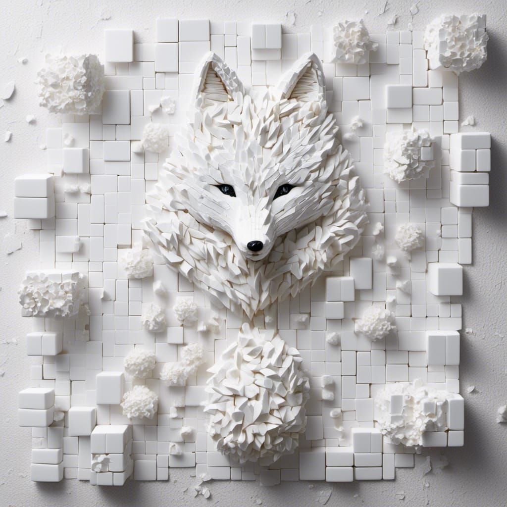 Puzzle Sugar-Cube Art: White Fox on White Wall