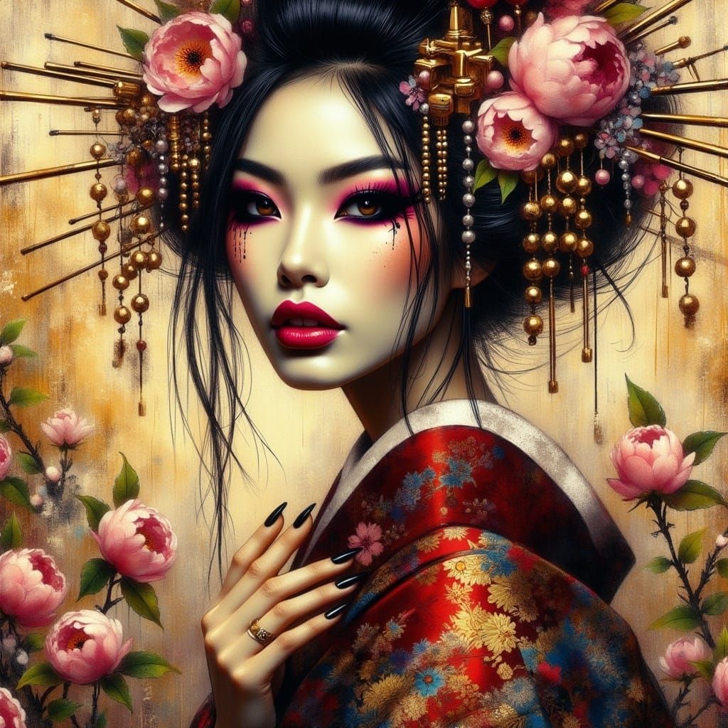 Geisha Portrait in Dreamlike Watercolor Style