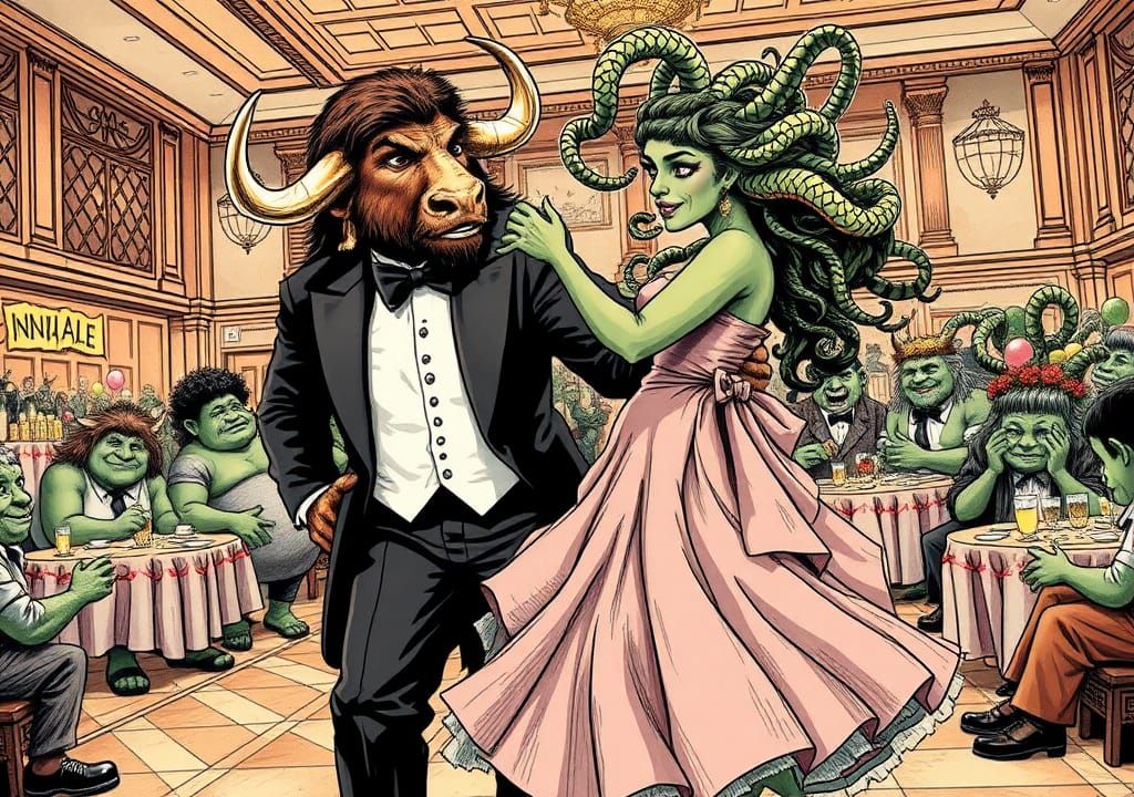 Minotaur and Medusa's Prom Dance, Storybook Illustration