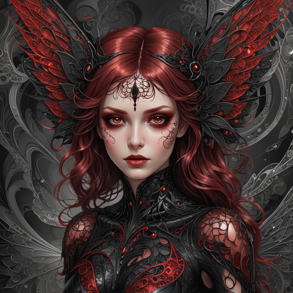 Dark Fairy with Metallic Wings and Red Eyes