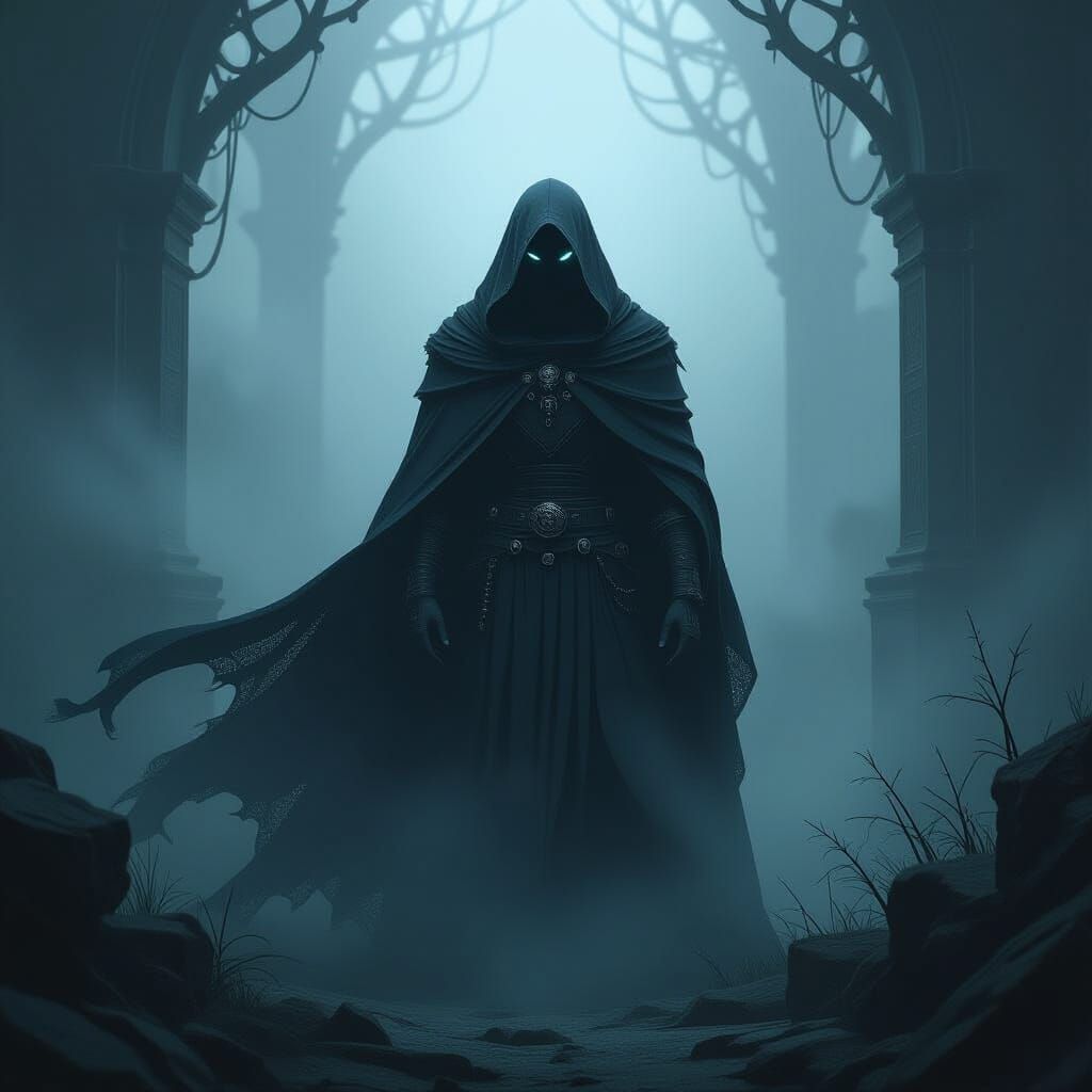 Mysterious Figure in Shadowy Mist: Surreal Art