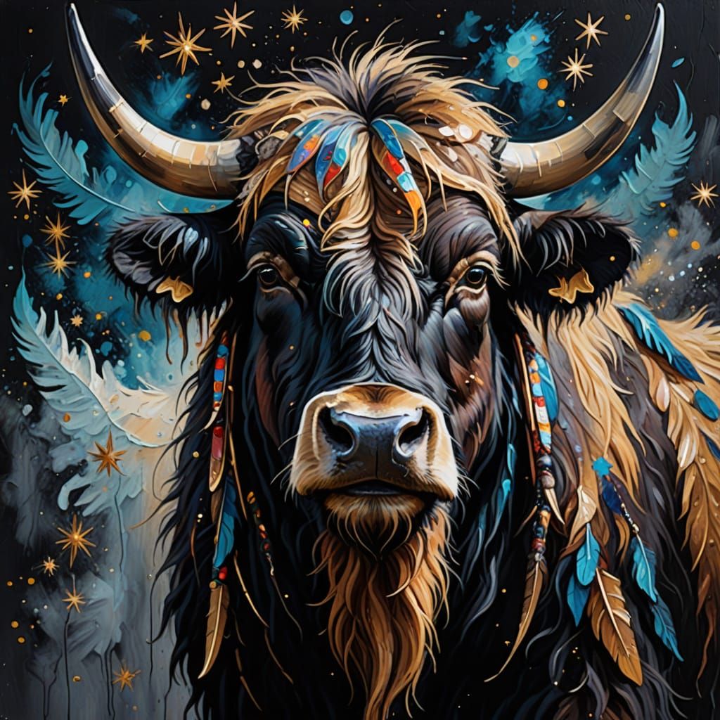 Majestic Yak in Fantasy Art Impasto Painting