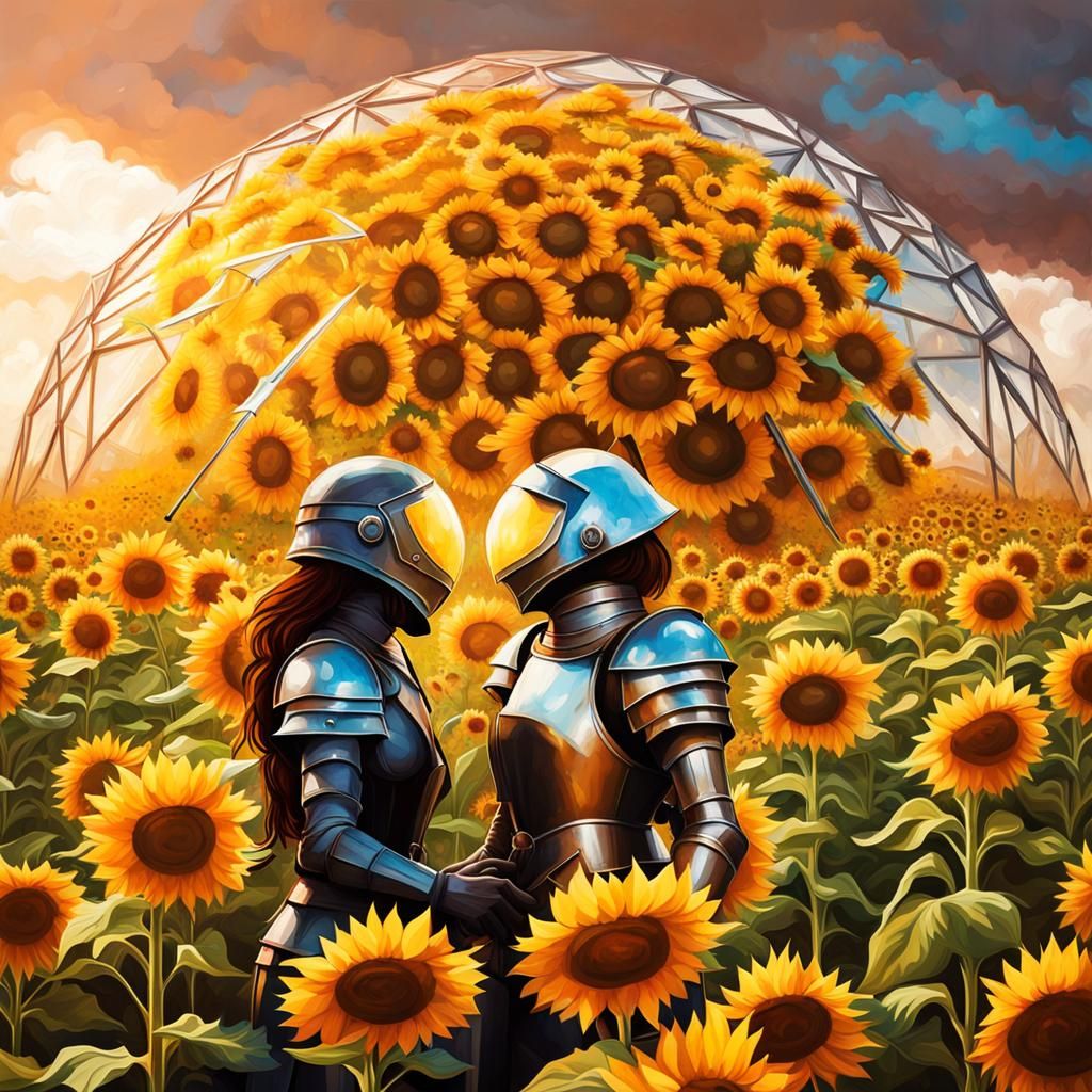 Armored Women Kissing in Sunflower Dome, Steampunk Graffiti ...