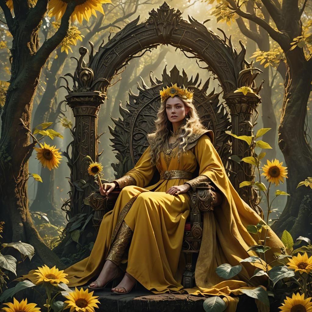 Mystical Queen with Sunflower in Forest Throne