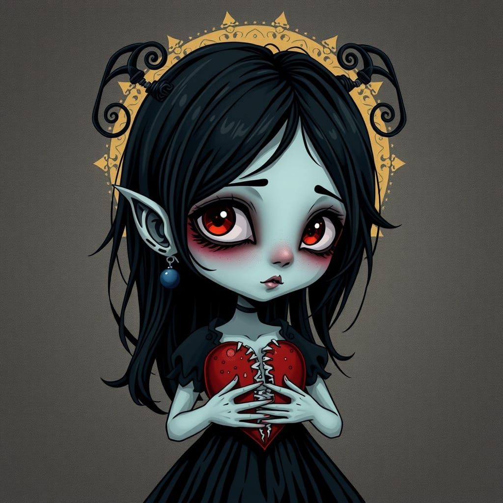Ethereal Goth Cartoon with Shattered Heart in Whimsical Dark...