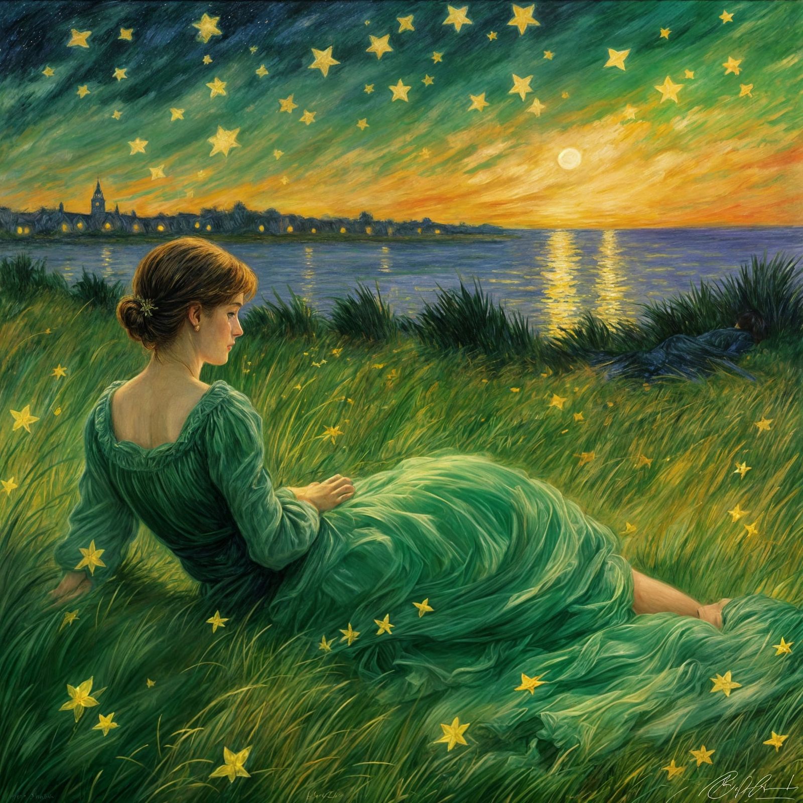 French Lady Stargazing in Impressionist Style