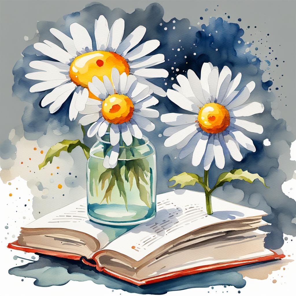 Book and Daisy Watercolor in Gouache Style