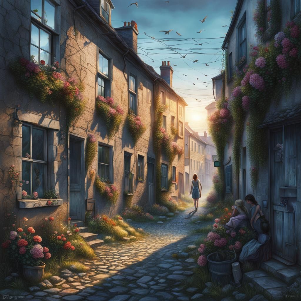 Dystopian Breton Village with Blooming Flowers