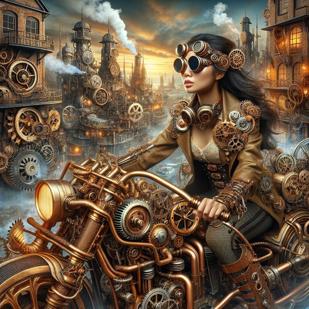 Steampunk Woman Rides Motorcycle in City of Gears