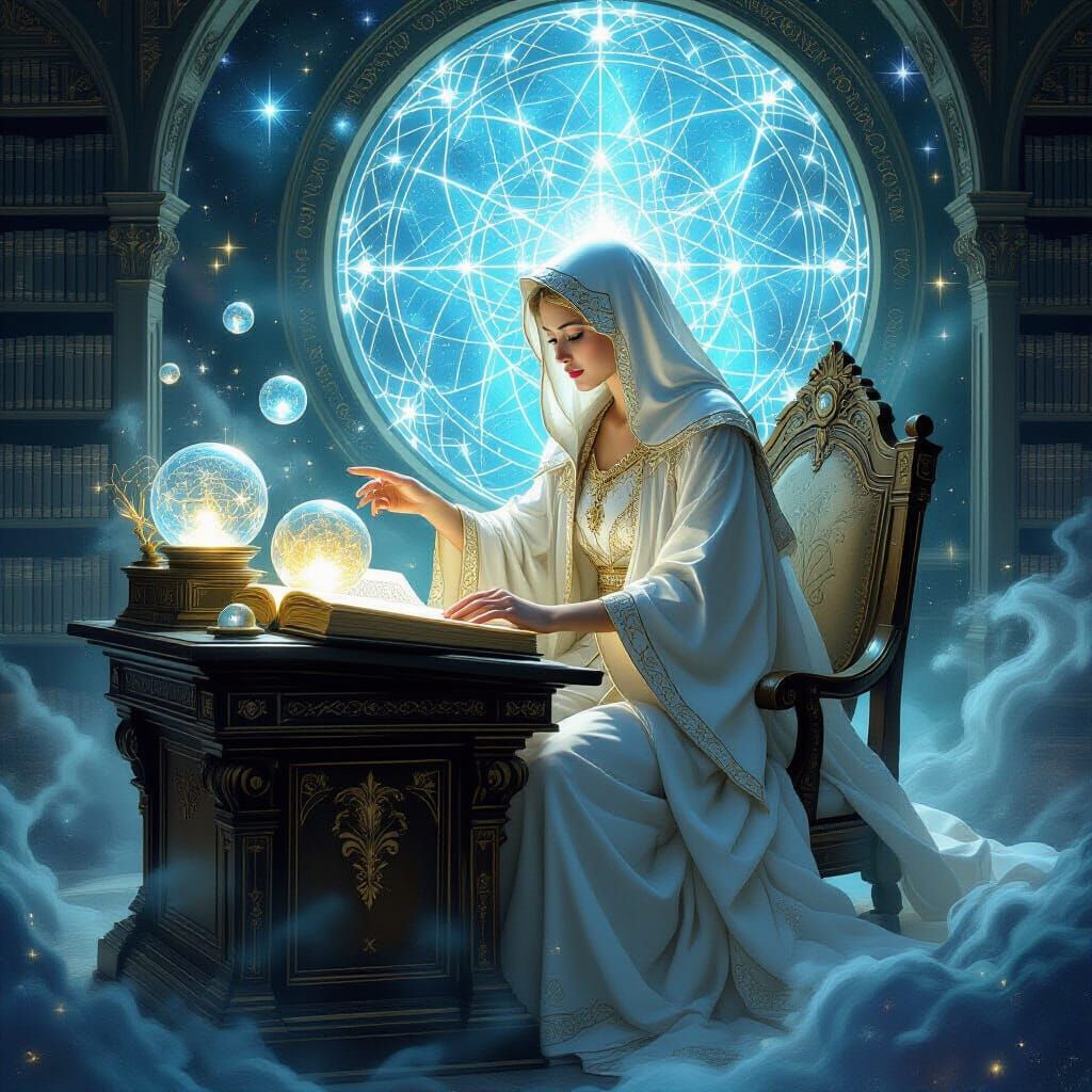 Celestial Librarian Cataloging Dreams in a Starry Library