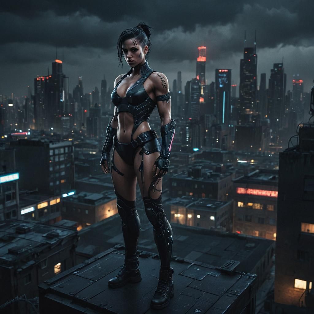 Cyberpunk Girl on Rooftop in Dystopian City
