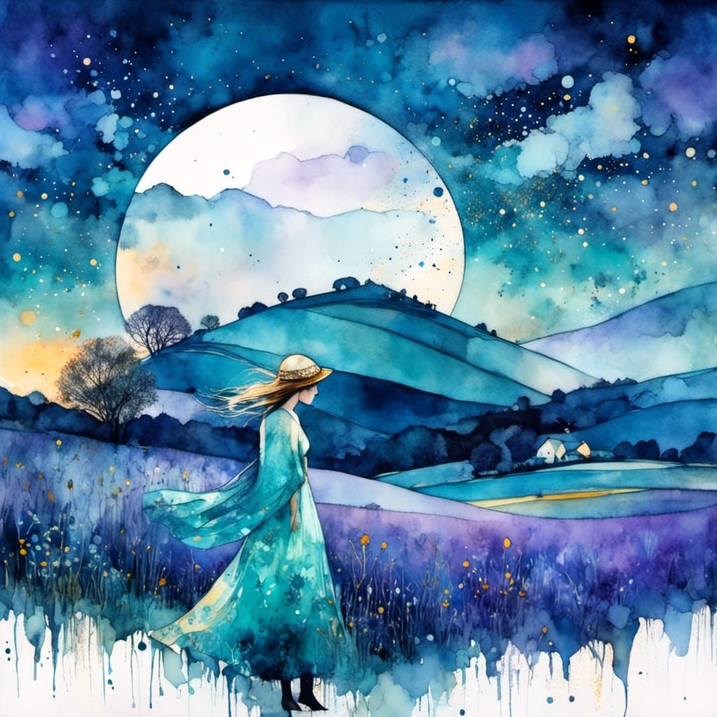 Watercolor Woman in Sunset Landscape Illustration