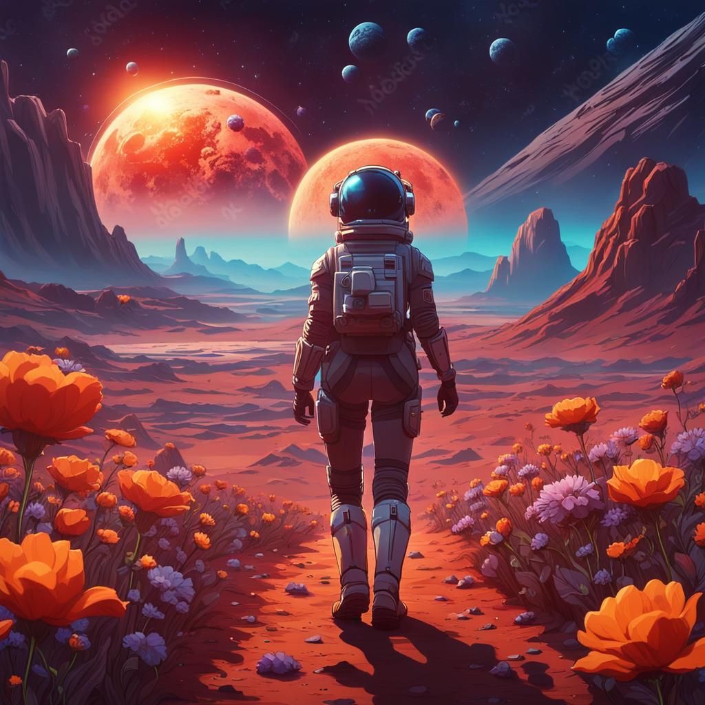 Girl on Mars with Flowers at Sunset in Sci-Fi Style