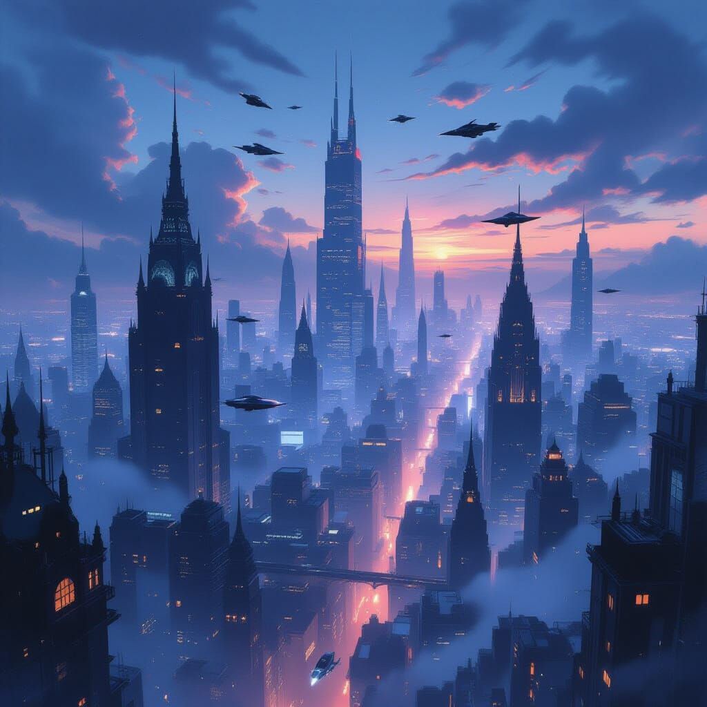 Gothic Cityscape Twilight with Flying Vehicles