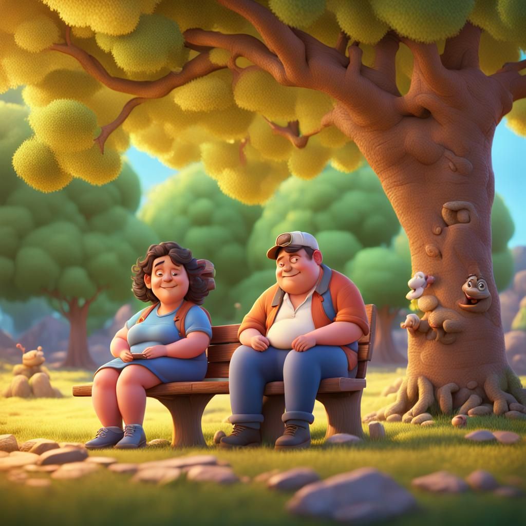 Chubby Couple Under Cottonwood Tree: Pixar-Style 3D Art
