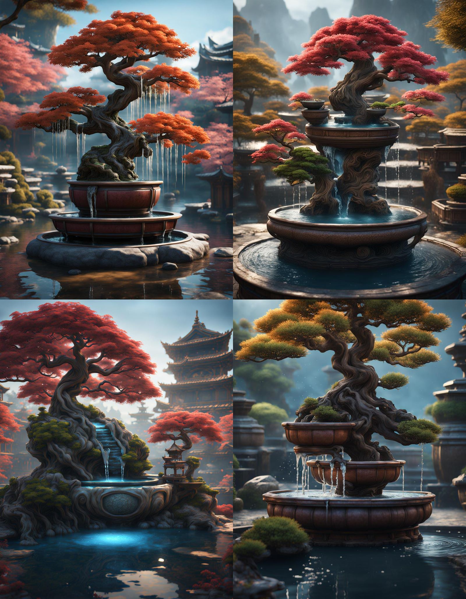 Detailed Bonsai Water Fountain Concept Art