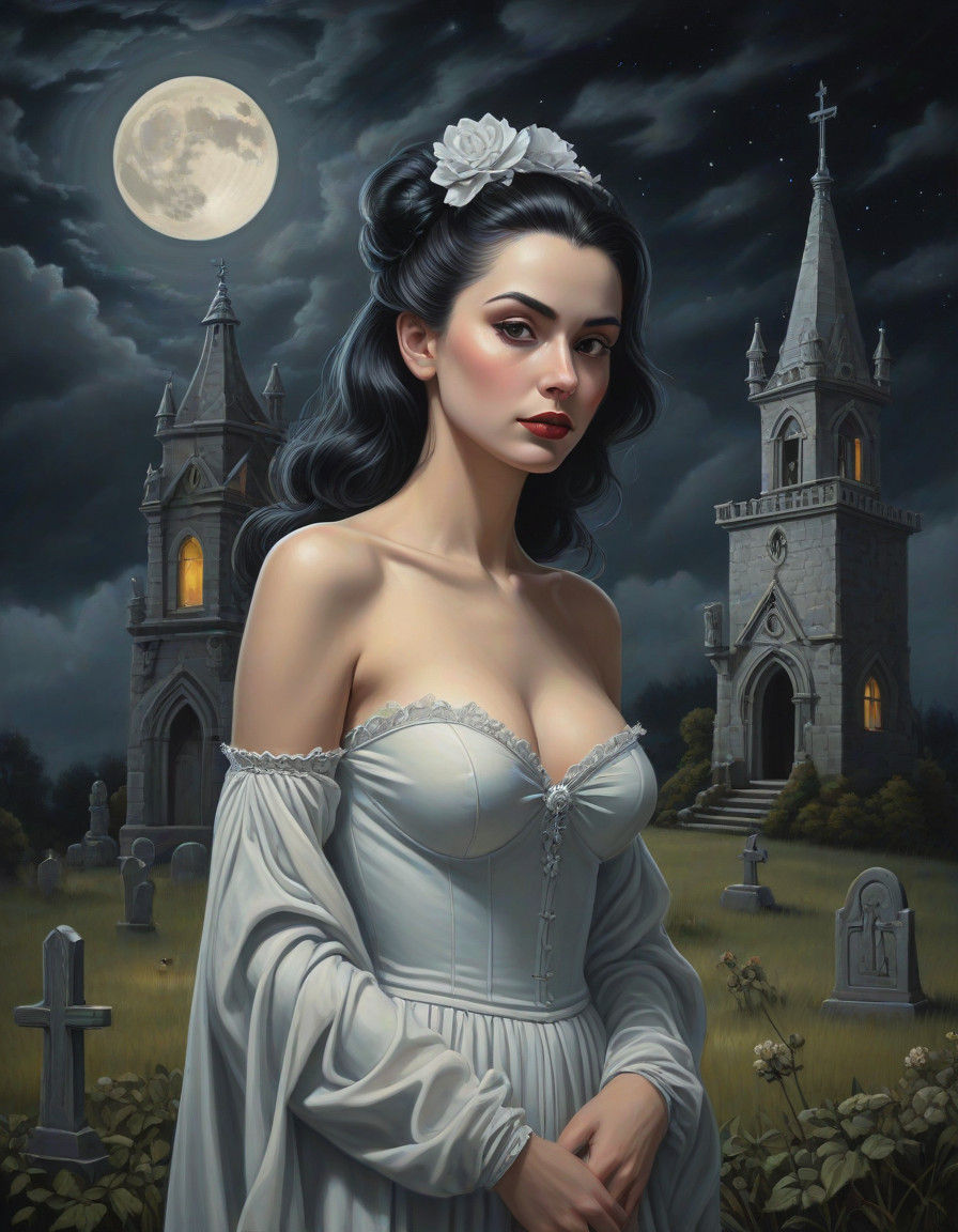 Ethereal Pinup in Oil Paints with Ghostly Figure in Graveyar...