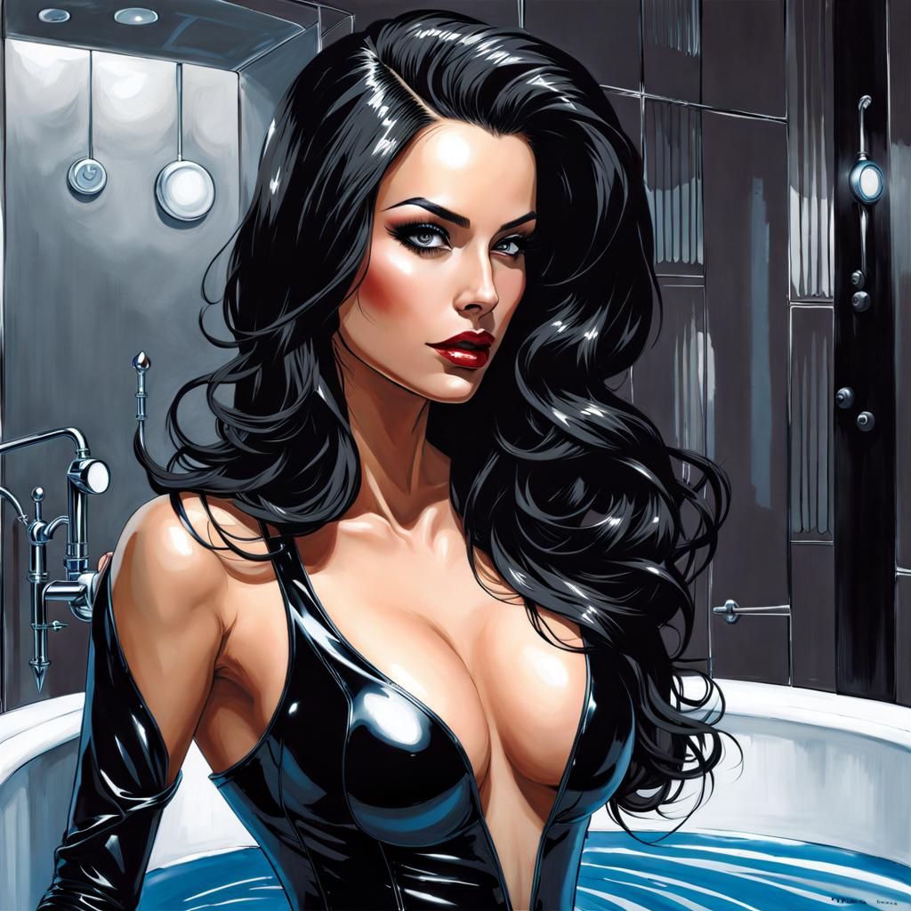 Beautiful Woman in Latex Costume, Splash Art Style