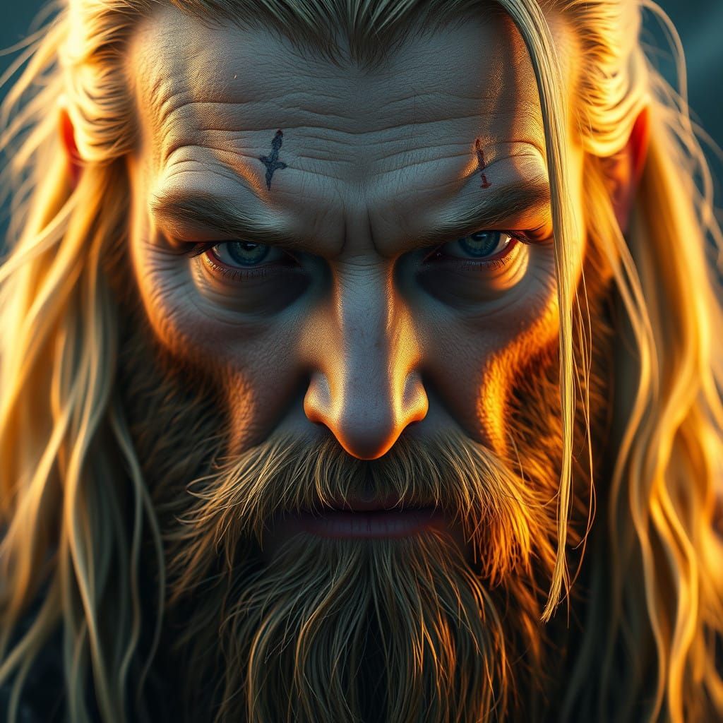 Battle-Hardened Viking Chieftain in Warm, Golden Light