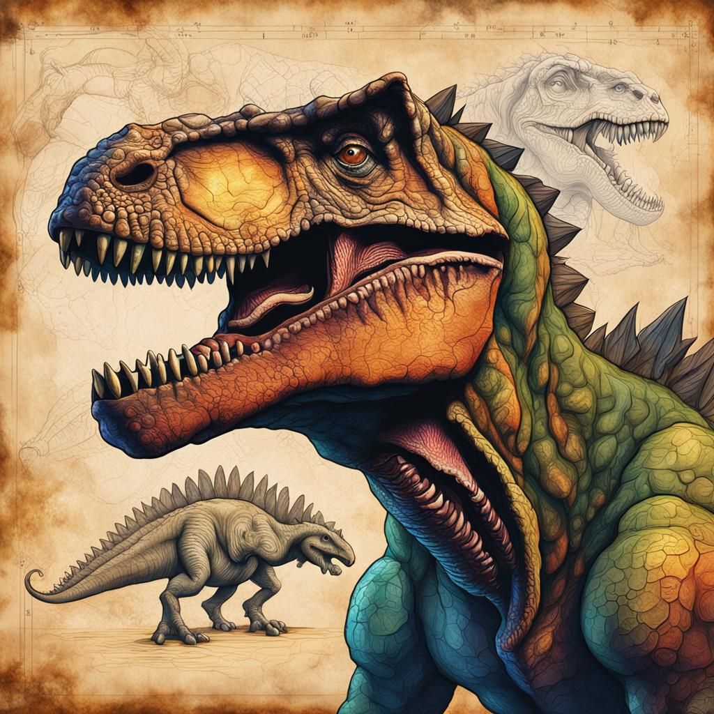 Detailed Schematics of Dinosaurs and Cavemen on Parchment