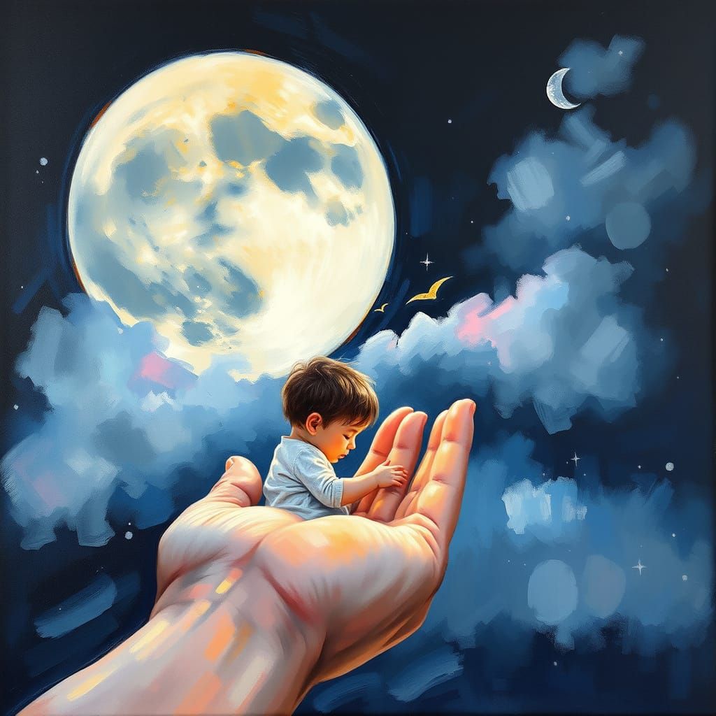 Child Sleeps on Moon: Neo-Impressionist Charcoal Drawing