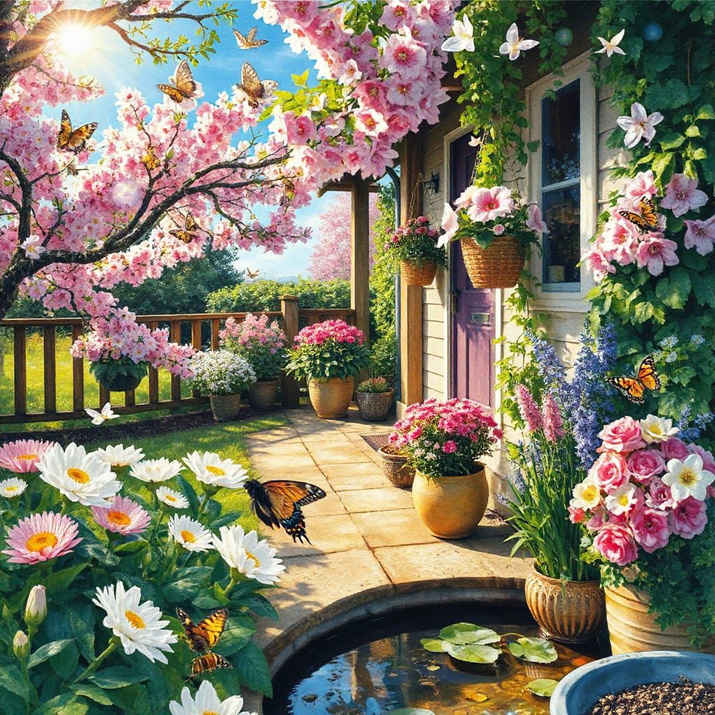 Vibrant Cottage Garden Scene in Whimsical Watercolor Style