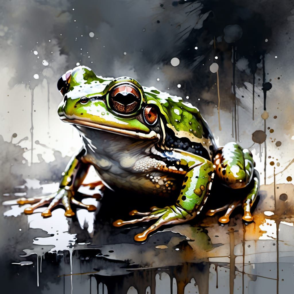 Rustic Watercolor Portrait of a Frog in Dramatic Light