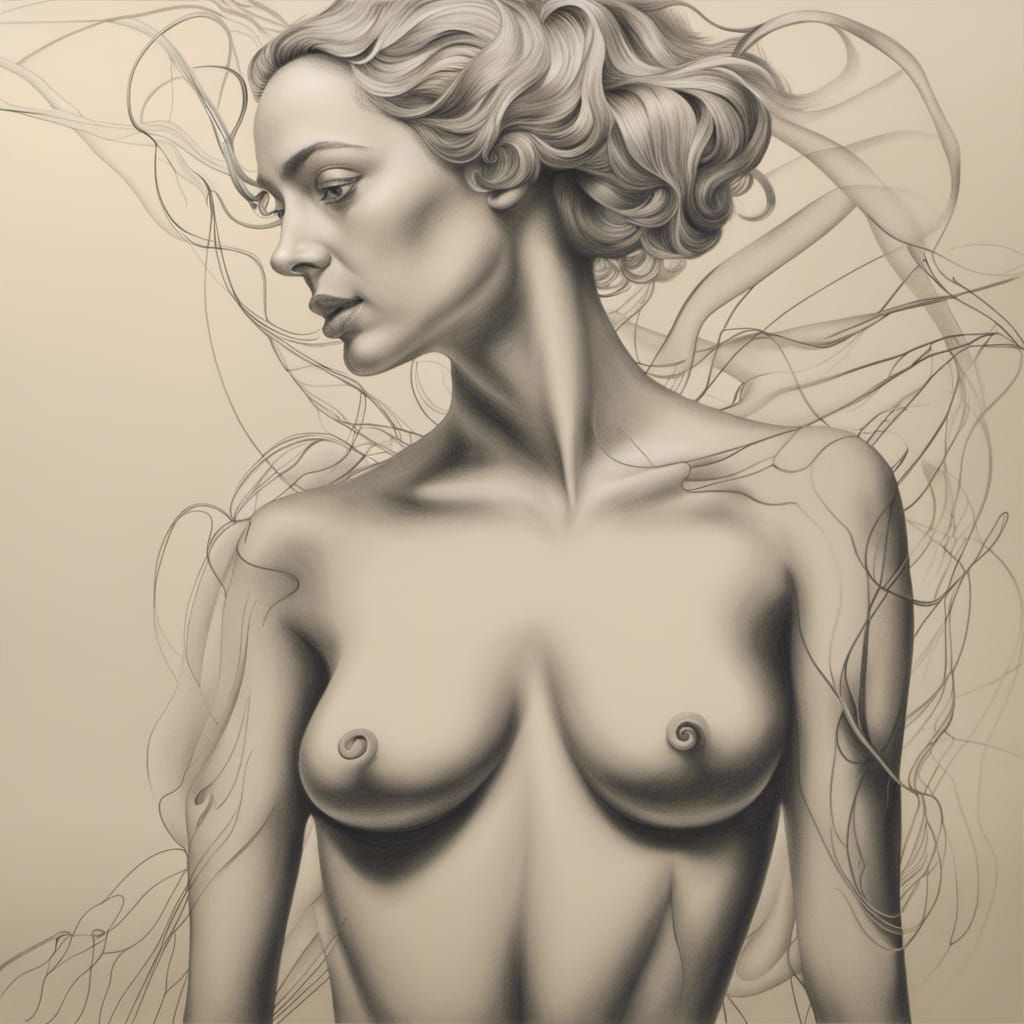 Beautiful Woman in Surrealist Pencil Drawing