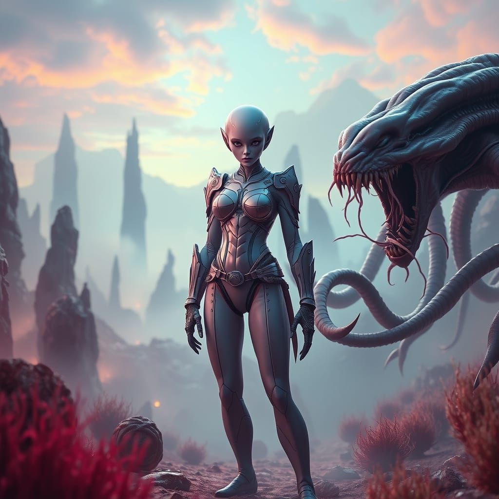 Alien Woman Defends Against Creature in Toxic Landscape