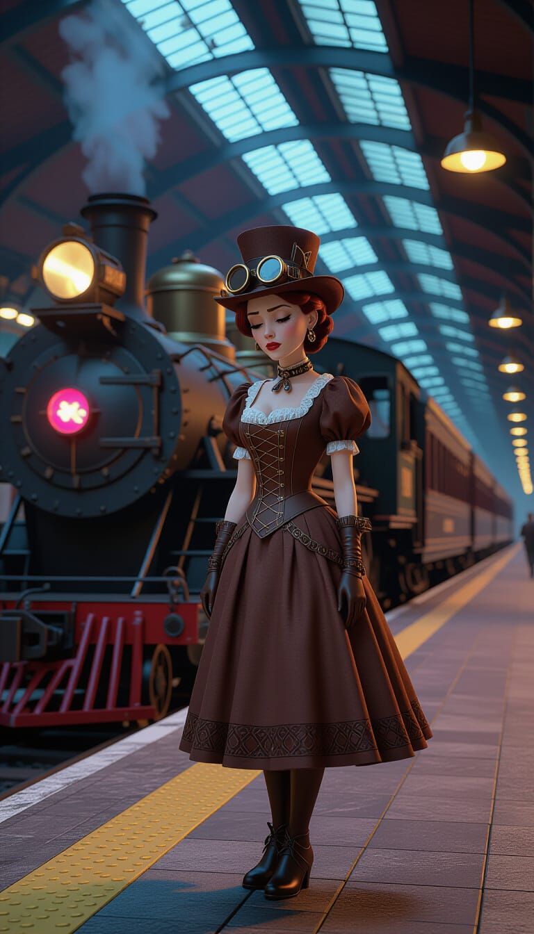 Steampunk Woman Awaiting Train: Retro-Futuristic Digital Art