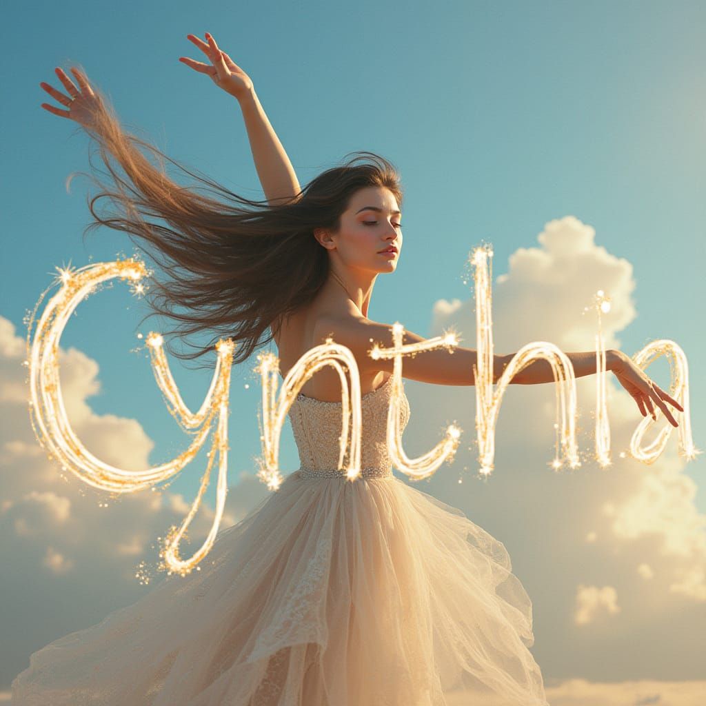 Cynthia in Starburst Font with Billowy Clouds and Long-Haire...