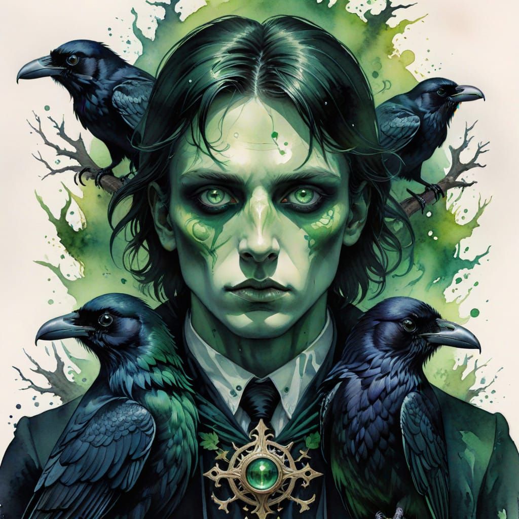 Ethereal Watercolor Portrait of Raven Man