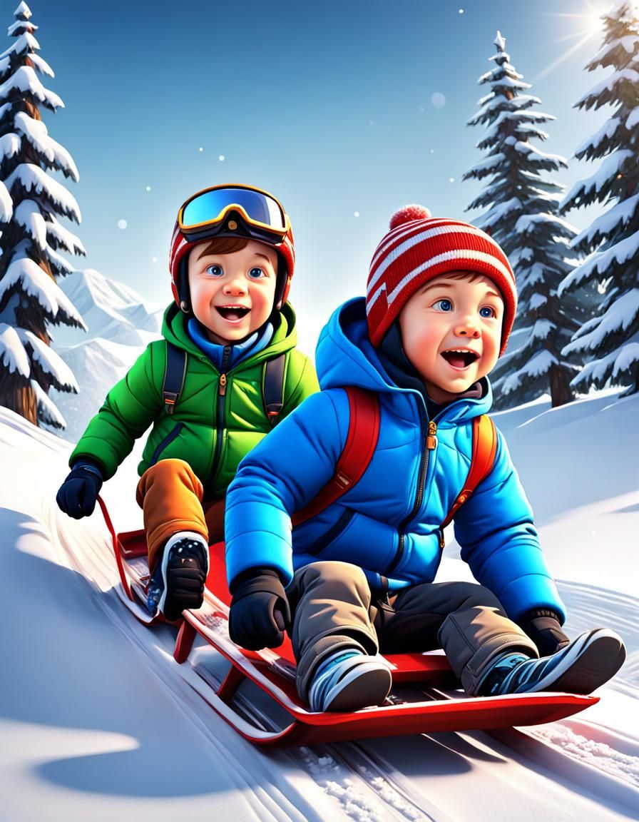 Brothers Sledding in Winter Snow, 3D Cartoon Style