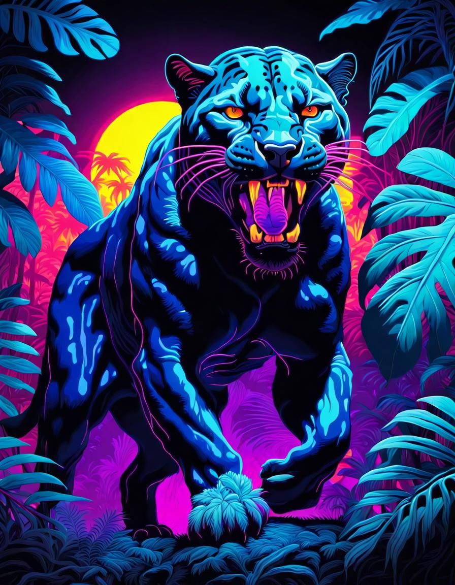 Blacklight Roaring Panther and UFO in Jungle Night
