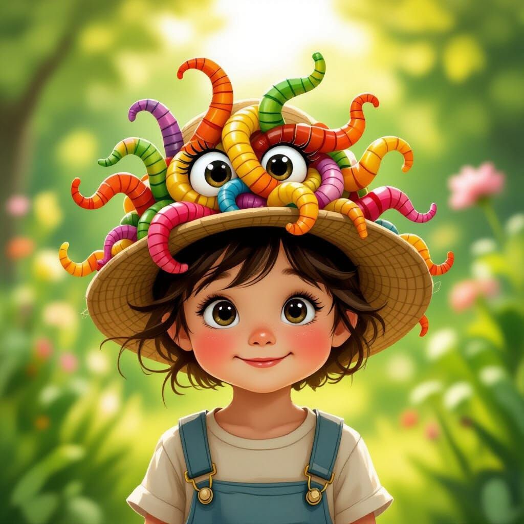 Child Wears Whimsical Worm Hat in Sunny Garden