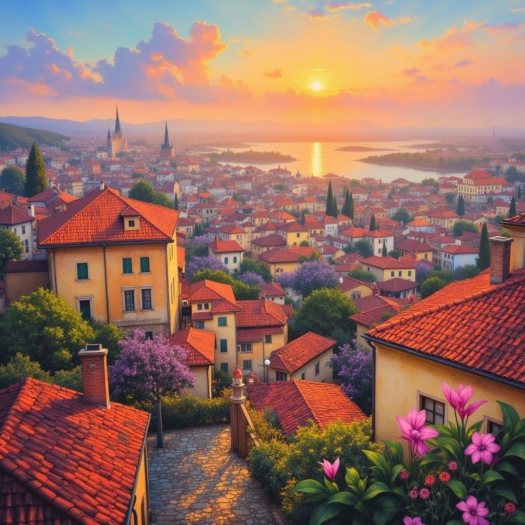 Vibrant Cityscape Watercolor Painting with Liquid Art Effect