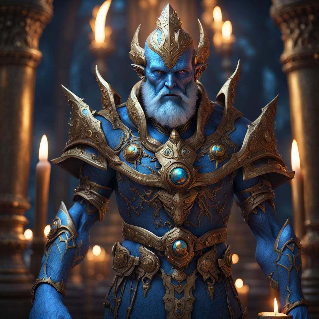 Blue Alien Paladin in Fantasy Temple