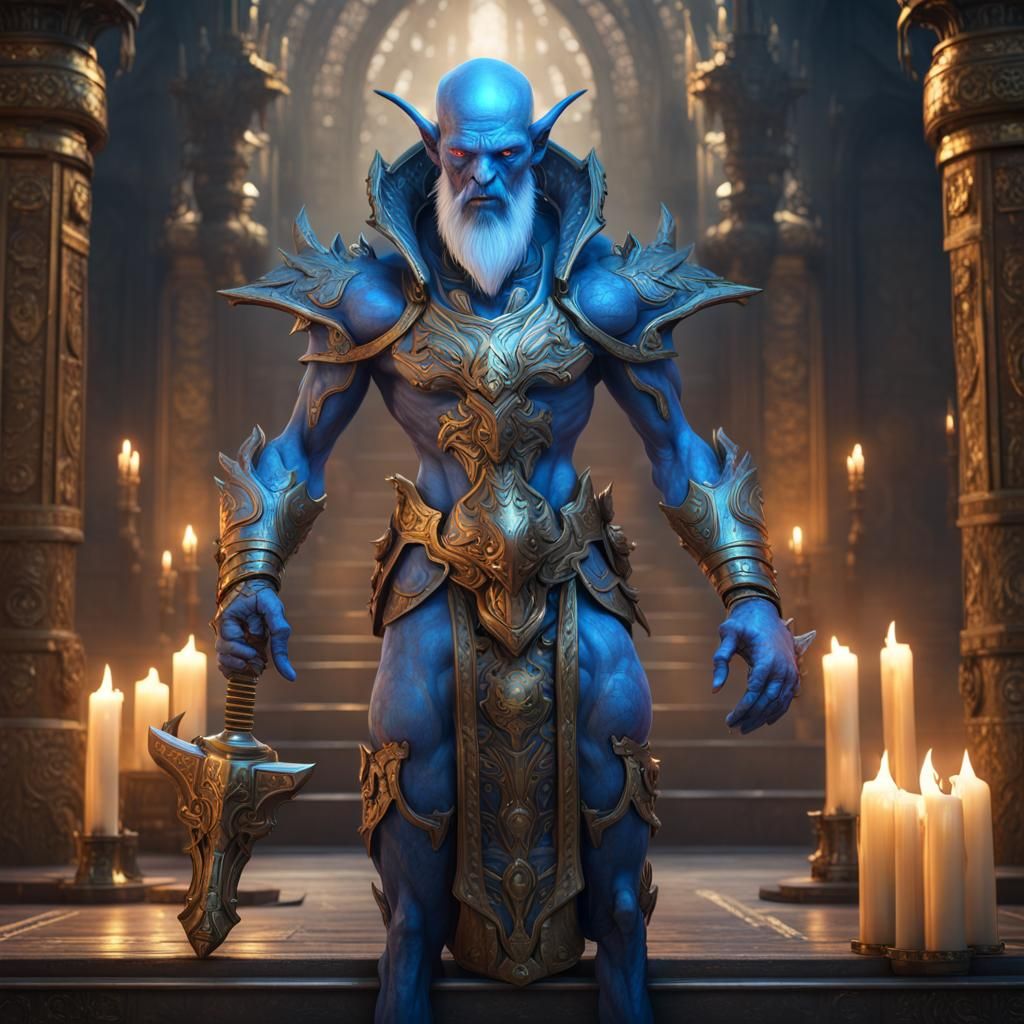 Blue Alien Paladin in Fantasy Temple, Digital Art