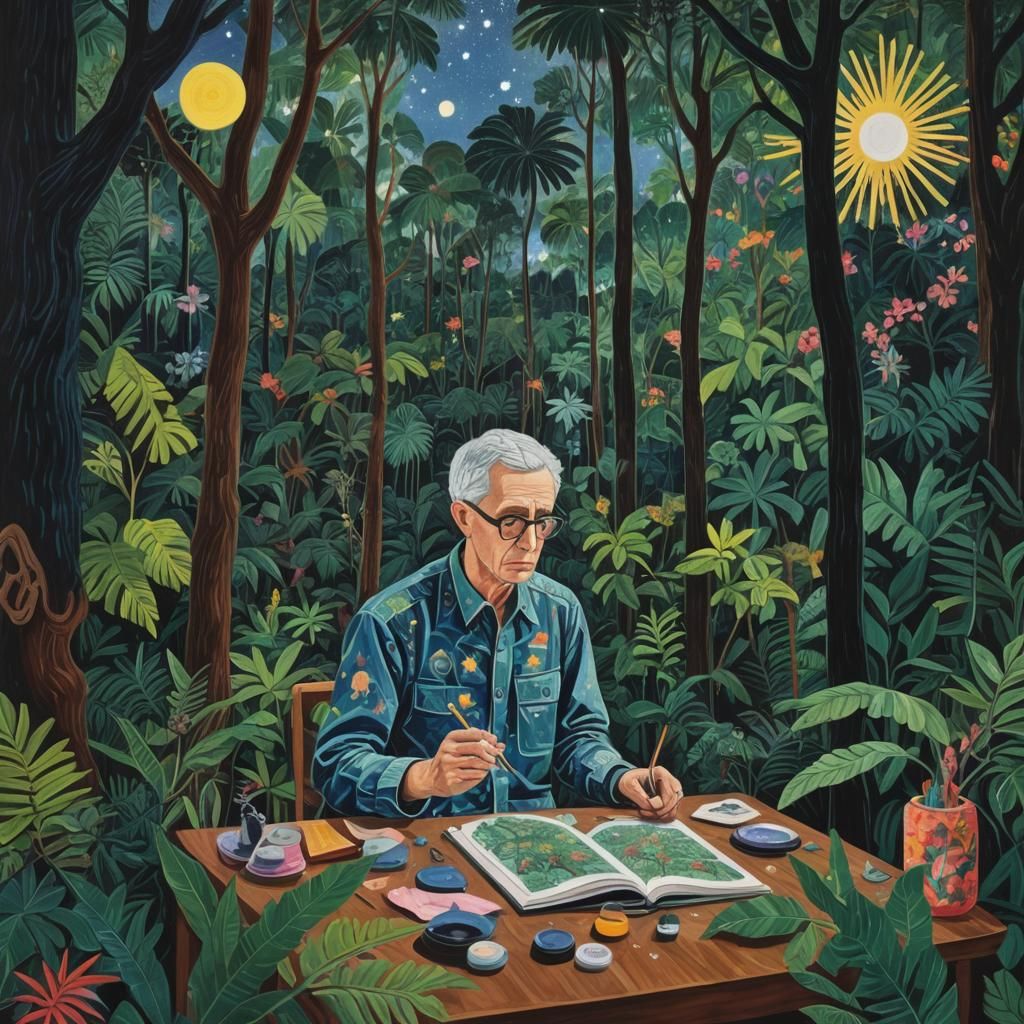 Astronomer studying the stars at night in the rainforest, do...