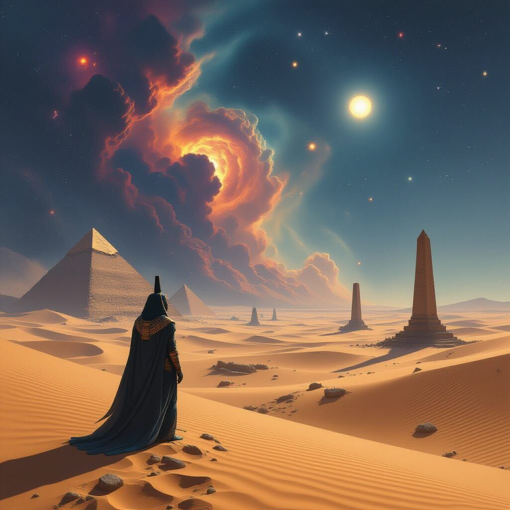 Cosmic Pharaoh in Desolate Alien Landscape