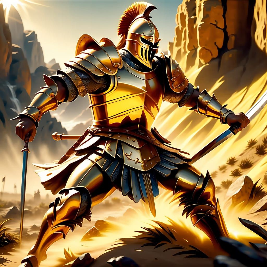 Heroic Warrior Rising: Oil Painting Battlefield Scene