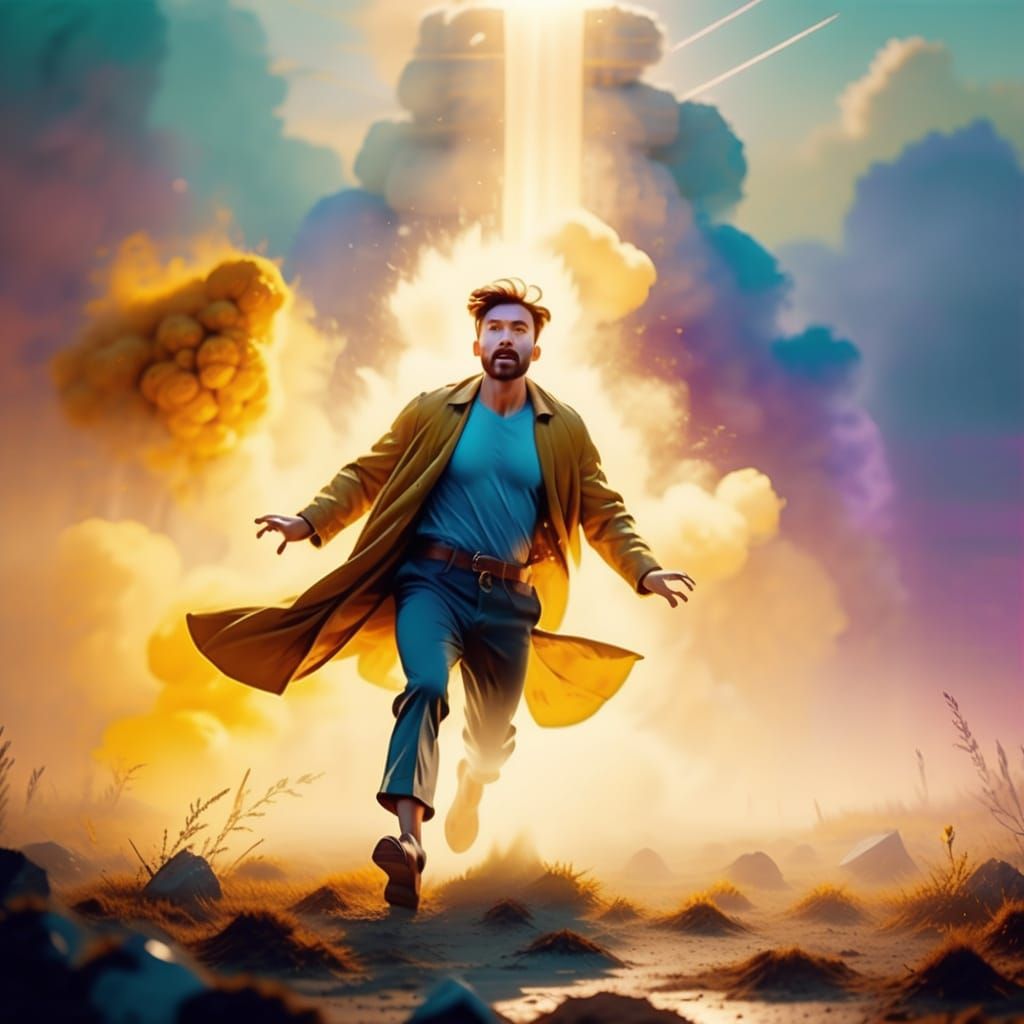 Inspiring Oil Painting: Man Rising in Golden Light