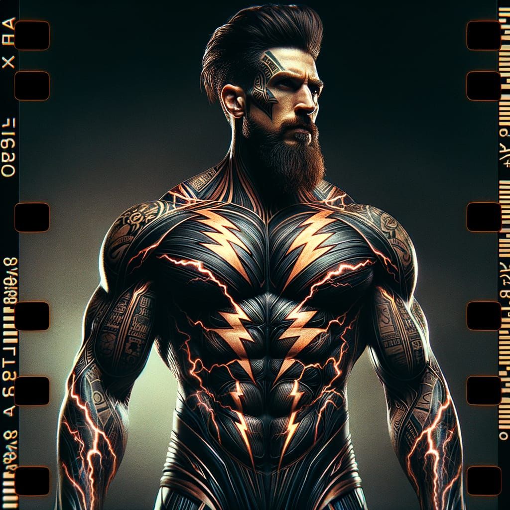 Electricity Tattoo Superhero in Black and Copper Costume
